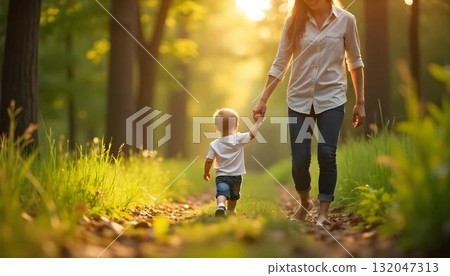 A man and child walk through the woods, symbolizing love and friendship on International Children's Day A man and child walk through the woods, symbolizing love and friendship on International Children's Day 132047313