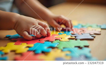 A young child's hand reaches for a puzzle piece, celebrating imagination and unity on International Children's Day 132047319