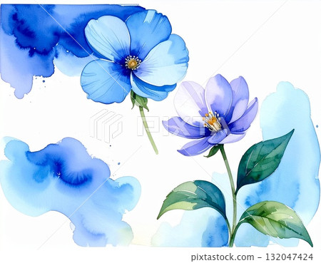 Watercolor blue flowers and leaves 132047424