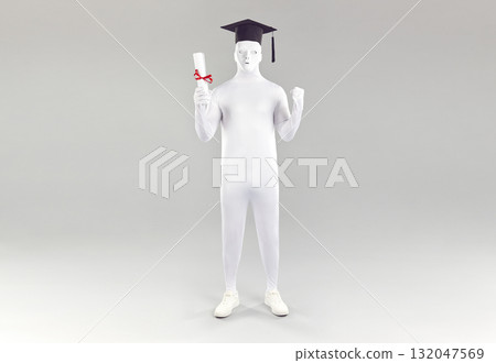 Male university student disguised in white bodysuit, mask and academic hat on grey background Male university student disguised in white bodysuit, mask and academic hat on grey background 132047569