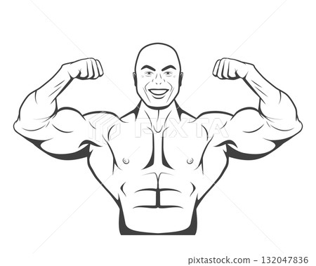 Bodybuilder Fitness Art, Vector Illustration. Muscular Bodybuilder Flexing Arms, Bodybuilder Emblem in Monochrome. Vector Fitness Icon for Gym, Bodybuilding, Strength Training, Apparel Design 132047836