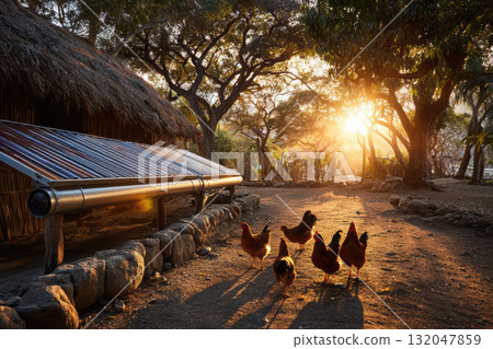 Solar water heater enhances rural home with morning light Solar water heater enhances rural home with morning light 132047859