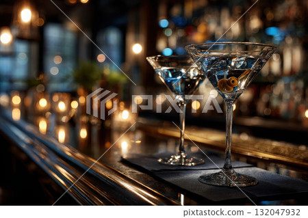 Reflections of martini glasses on a stylish bar 132047932