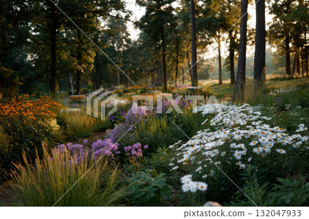 Vibrant wildflower garden buzzing with bees in tranquil sunlight 132047933