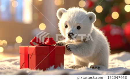 一隻北極熊幼崽在裝飾好的溫暖房間裡對聖誕節禮物感興趣的 3D 插圖 一隻北極熊幼崽在裝飾好的溫暖房間裡對聖誕節禮物感興趣的 3D 插圖 132047958
