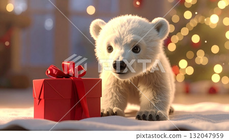 一隻北極熊幼崽在裝飾好的溫暖房間裡對聖誕節禮物感興趣的 3D 插圖 132047959