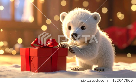 3D illustration of a polar bear cub interested in presents in a warm room decorated for Christmas 132047960