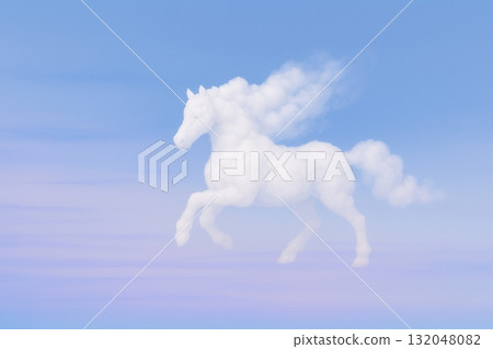 藍天背景下，一匹白雲組成的白馬在天空中奔跑。馬年新年賀卡素材。 132048082