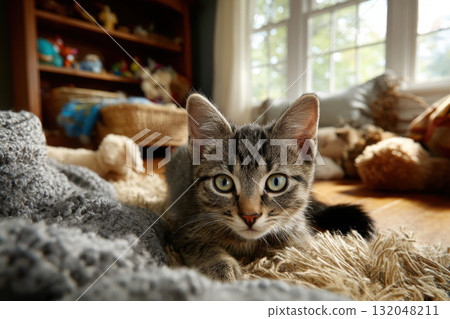 Playful kitten with bright green eyes relaxing in sunlight 132048211