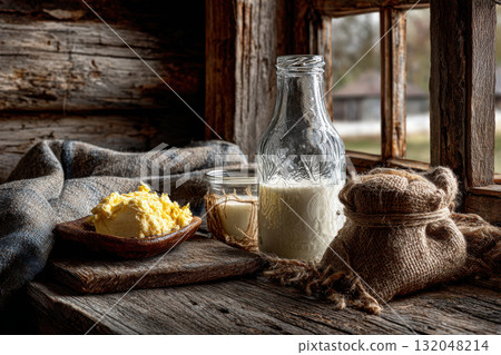 Rustic farmhouse kitchen with fresh milk and homemade butter 132048214