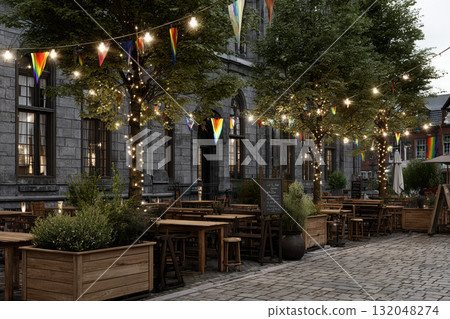 Evening ambiance at a cozy street cafe decorated for pride 132048274