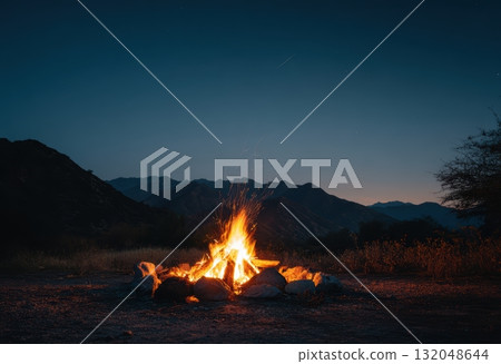 Campfire sparks glow under starry night sky in mountains Campfire sparks glow under starry night sky in mountains 132048644