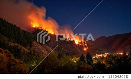Wildfire spreads across hillside at night in the mountains Wildfire spreads across hillside at night in the mountains 132048658