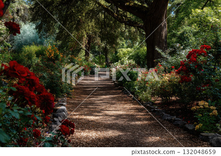 Blooming rose garden path invites peaceful strolls in sunlight Blooming rose garden path invites peaceful strolls in sunlight 132048659