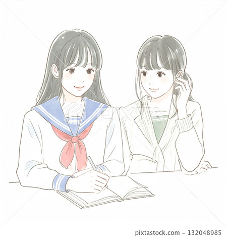 Watercolor and hand-drawn illustration material of women and girls 132048985