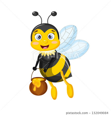 flying Bee cartoon holding honey bucket flying Bee cartoon holding honey bucket 132049084