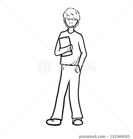 Male college student holding a book isolated cartoon outline illustration 132049085