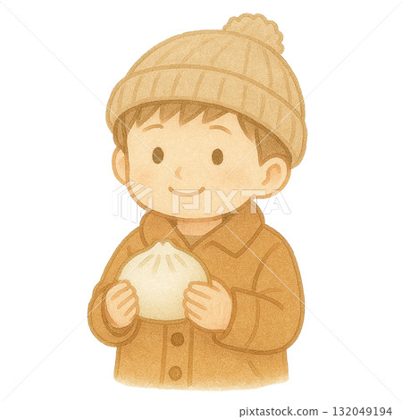 [冬季] 拿著肉包子的男孩插畫 132049194