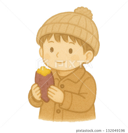 [冬天] 拿著烤地瓜的男孩的插圖 132049196