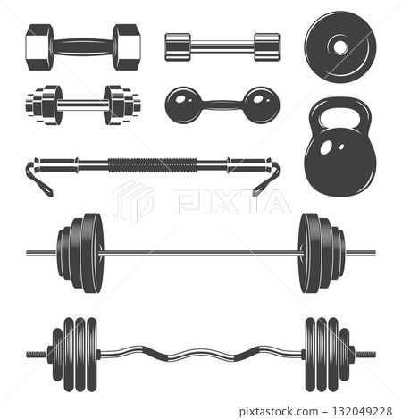 Barbell And Dumbbell Set, Vector Illustration. Gym Equipment Icons with Plates, Kettlebell, Straight Bar, Curl Bar, Barbell Bar for Fitness, Powerlifting, Workout Poster, Sticker, Apparel Design Barbell And Dumbbell Set, Vector Illustration. Gym Equipment Icons with Plates, Kettlebell, Straight Bar, Curl Bar, Barbell Bar for Fitness, Powerlifting, Workout Poster, Sticker, Apparel Design 132049228