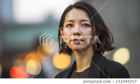 A woman's profile bathed in the sunset and her introspective beauty 132049257