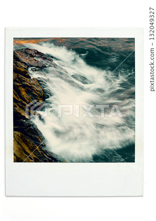 Rough waves, Tojinbo, evening view, polaroid style 132049327