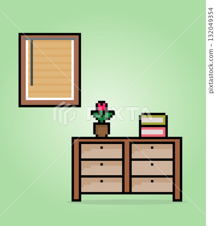 8 bit pixel wooden desk and window in vector illustration for game assets. isolated pot flower, and books . 132049354