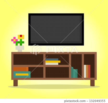 8 Bit Pixel modern Television in Vector Illustration for Game Assets. Flat TV on desk in Pixel Art. 132049355