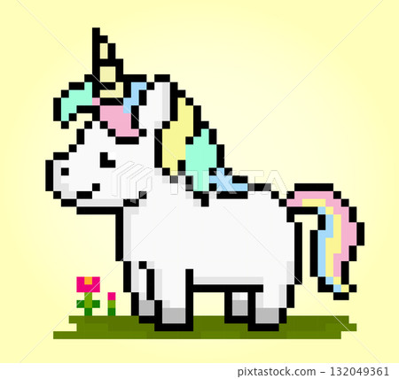 8 bits of colorful unicorn pixels. Fairytale animals for game icons. Vector Illustration for Stitch Cross Pattern 132049361
