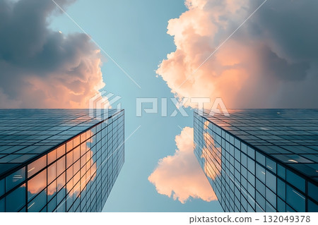 Stunning View of Glass Buildings with Clouds and Sky Reflections at Sunset 132049378
