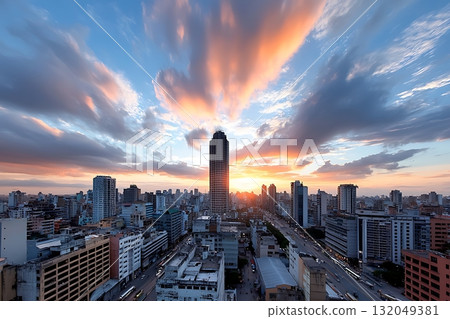 Vibrant Sunset Over Urban Skyline with Dramatic Cloud Patterns and Skyscraper Silhouette Vibrant Sunset Over Urban Skyline with Dramatic Cloud Patterns and Skyscraper Silhouette 132049381