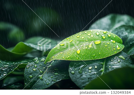 Fresh Green Leaves Covered in Water Droplets Against Dark Background in Rainy Atmosphere 132049384
