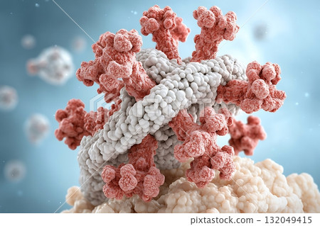 Detailed 3D Model of Coronavirus Structure with Colorful Proteins and Microscopic Background 132049415
