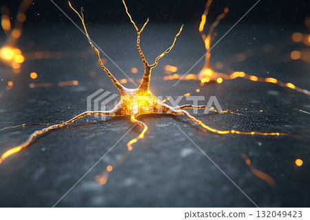 Glowing neuron on dark textured background symbolizing brain activity and neural connections 132049423