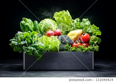 Fresh Organic Vegetables in a Metallic Tray with Steam on a Dark Background 132049424