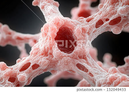 Intricate Close-Up of Cellular Structure with Interconnected Fibrils and Pores in Biology 132049433