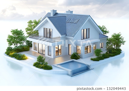 Modern house design with swimming pool and garden on an isolated island setting Modern house design with swimming pool and garden on an isolated island setting 132049443