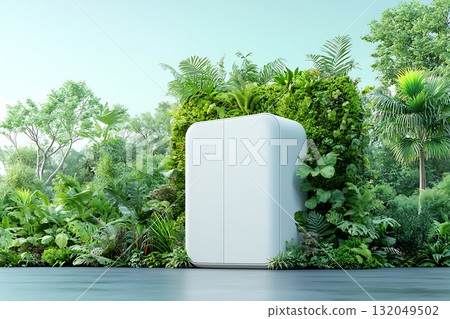 Modern Eco-Friendly Fridge Surrounded by Lush Greenery in a Serene Natural Environment Modern Eco-Friendly Fridge Surrounded by Lush Greenery in a Serene Natural Environment 132049502