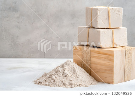 Fresh Raw Blocks of Natural Ingredients on White Table with Spilled Powdered Material Fresh Raw Blocks of Natural Ingredients on White Table with Spilled Powdered Material 132049526