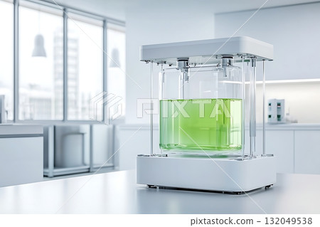 Modern Laboratory Equipment with Green Liquid in Clear Glass Container on Bright Countertop 132049538