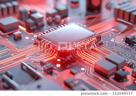 Close-Up View of a Modern Microprocessor on a Circuit Board with Glowing Red Lights 132049557