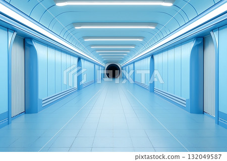 Futuristic tunnel corridor with bright blue lighting and sleek architectural design Futuristic tunnel corridor with bright blue lighting and sleek architectural design 132049587