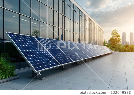 Solar Panel Array on Modern Building Rooftop Under Sunset Light in Urban Environment 132049588