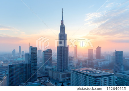 Stunning Sunrise Over Urban Cityscape Featuring Tall Skyscrapers and Historic Architecture 132049615
