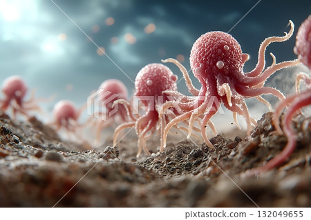Tiny vibrant octopuses on a textured surface under dramatic stormy sky, surreal underwater art 132049655