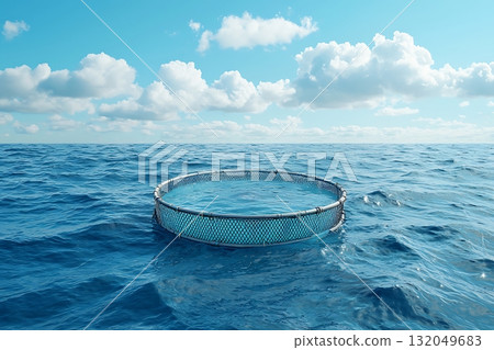 Floating Fish Farm Net Cage in Clear Blue Ocean Under Bright Sunny Skies with Clouds 132049683