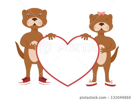 Cute Cartoon Otter Couple Holding a Blank Heart Sign 132049860