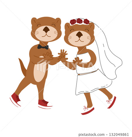 Cute Cartoon Otter Bride and Groom Wedding Couple 132049861