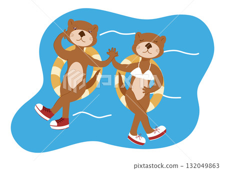 Cute Cartoon Couple Floating on Water with Swim Rings 132049863