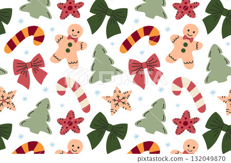 Seamless Christmas pattern with textile decorations, bows, candy canes, gingerbread men, toy trees, embroidered stars and snowflakes, flat cartoon vector illustration for festive and holiday design 132049870